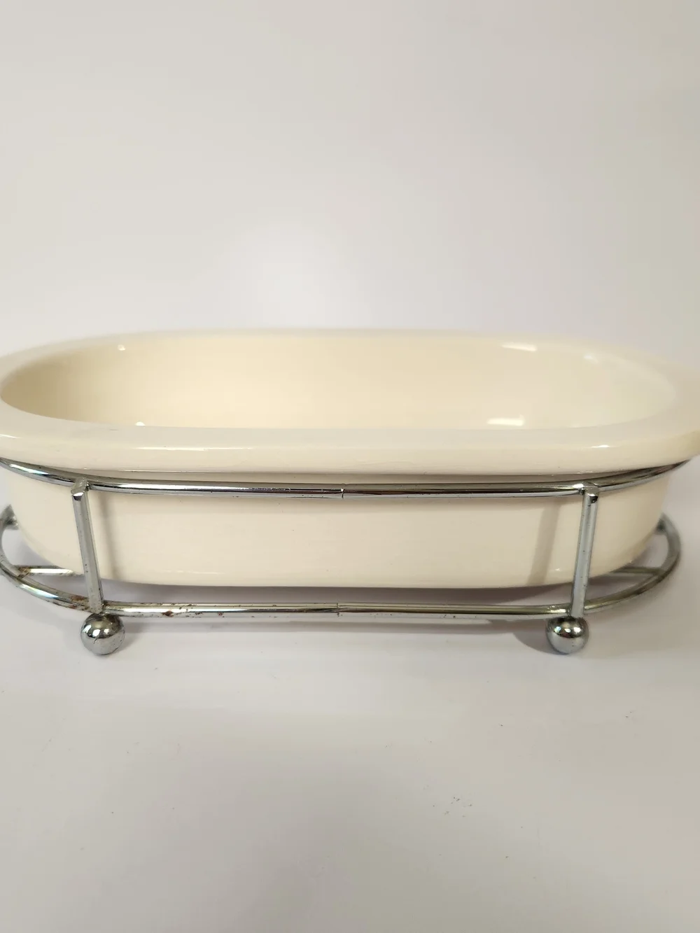 Crabtree & Evelyn White Ceramic Soap Dish and Metal Wire Holder Trinket Tray